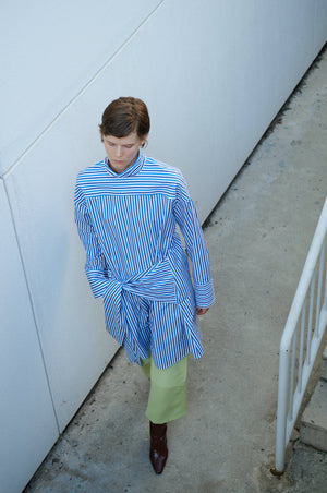 Tie Front Tunic Dress in Blue Stripe