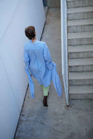 Tie Front Tunic Dress in Blue Stripe