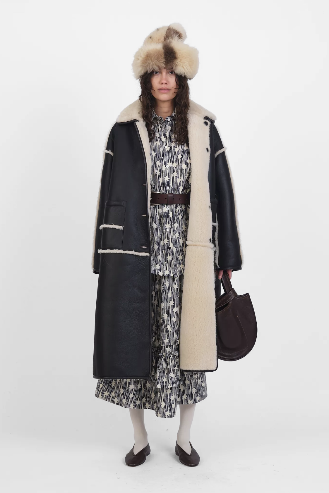 Leather Back Straight Hair Seam Out Stripe Roo Coat in Chocolate & Seal by Cawley