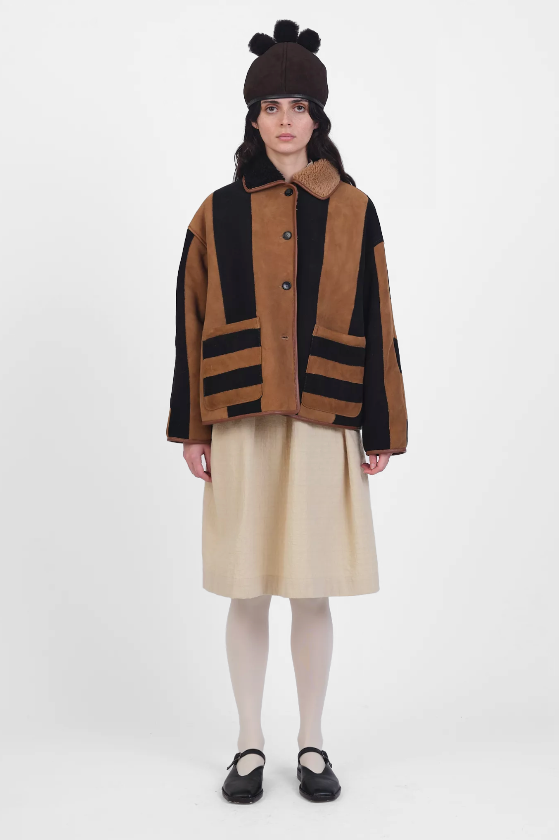 Suede Back Curly Hair Stripe Avis Jacket in Tan & Black by Cawley