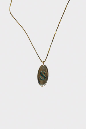 Letter S Necklace in 14k Yellow Gold & Malachite Azurite