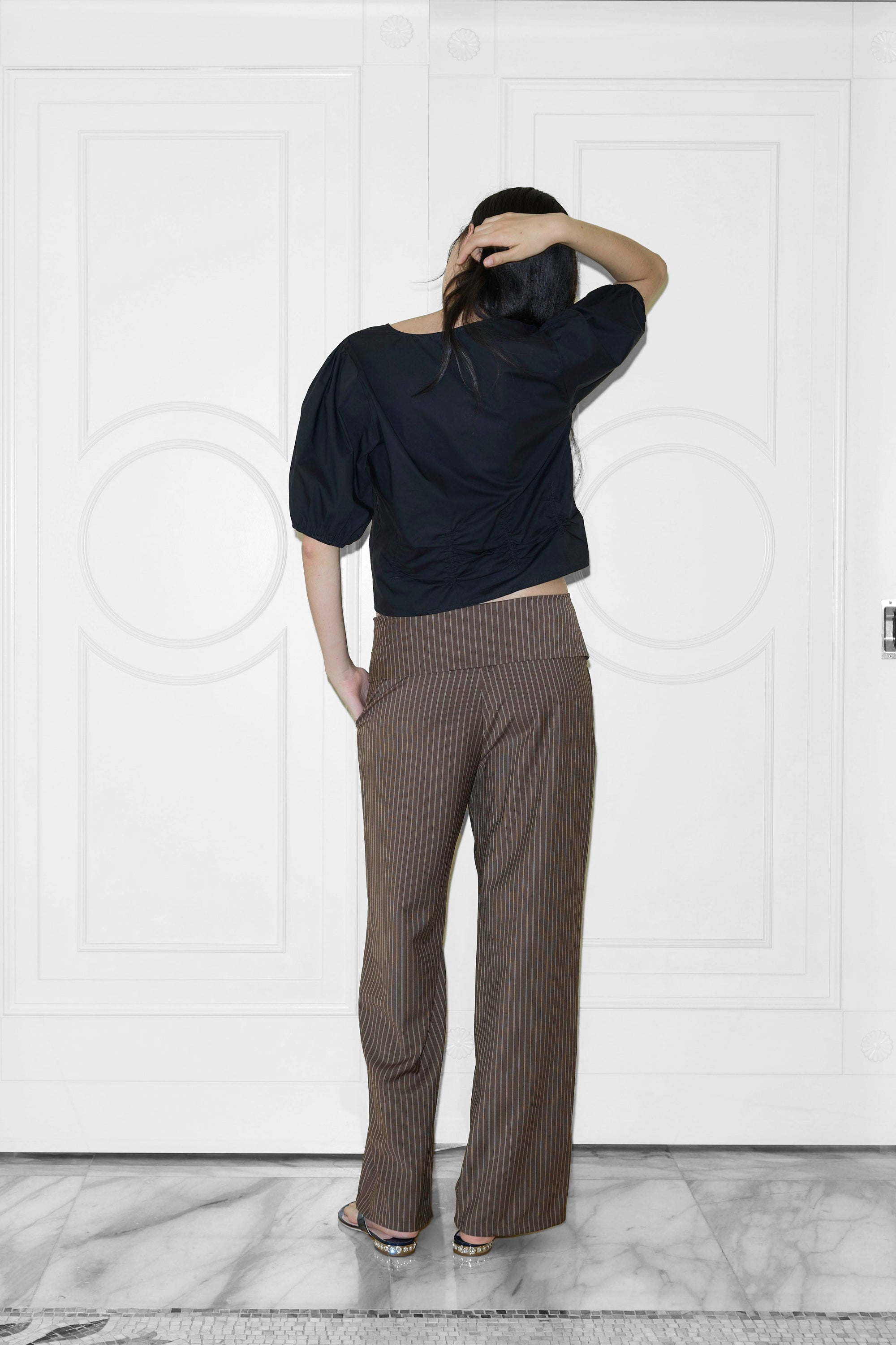 Folded Wool Pant in Sable Stripe by Deiji Studios