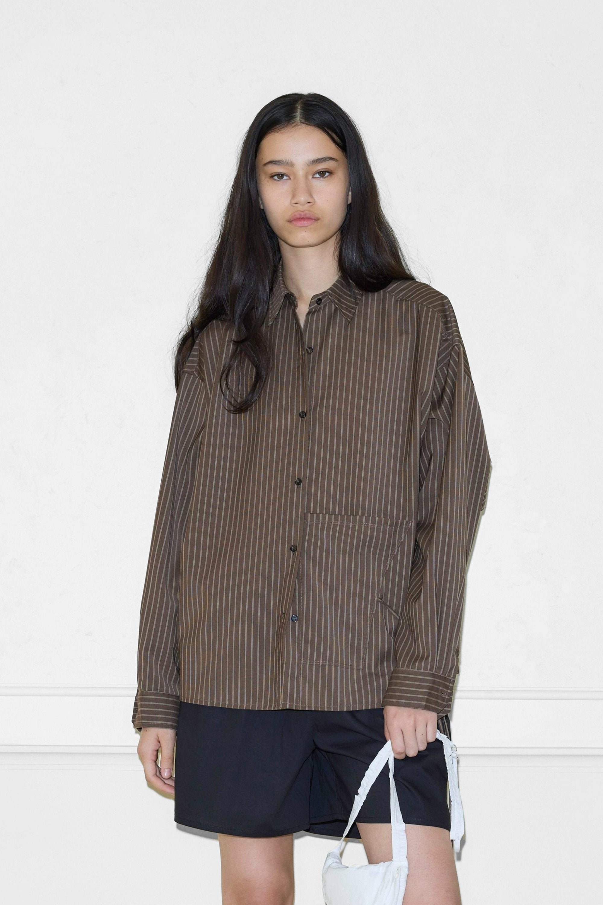 Pocket Wool Shirt in Sable Stripe by Deiji Studios