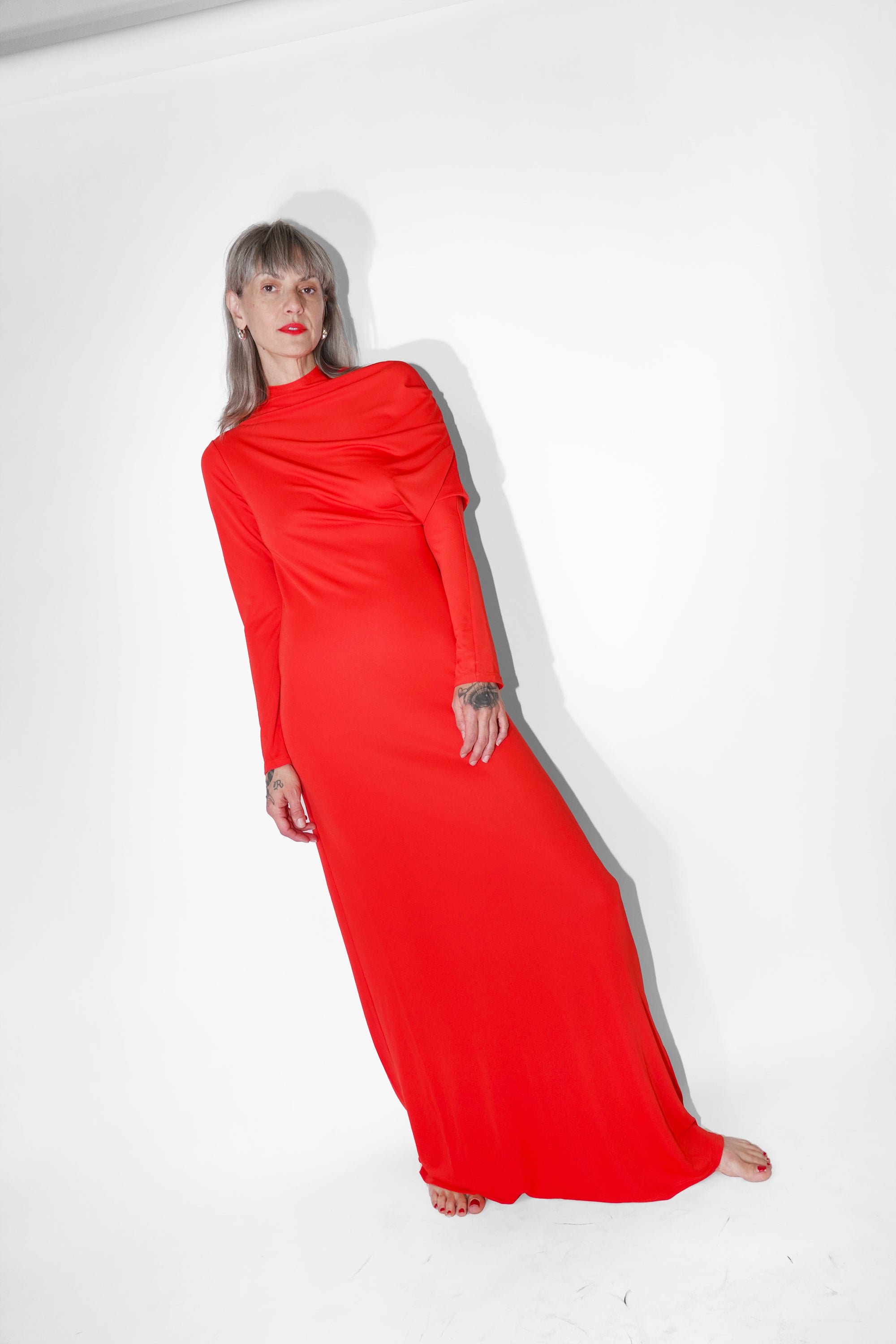 Rue Draped Gown in Scarlet Slinky Jersey by Kallmeyer