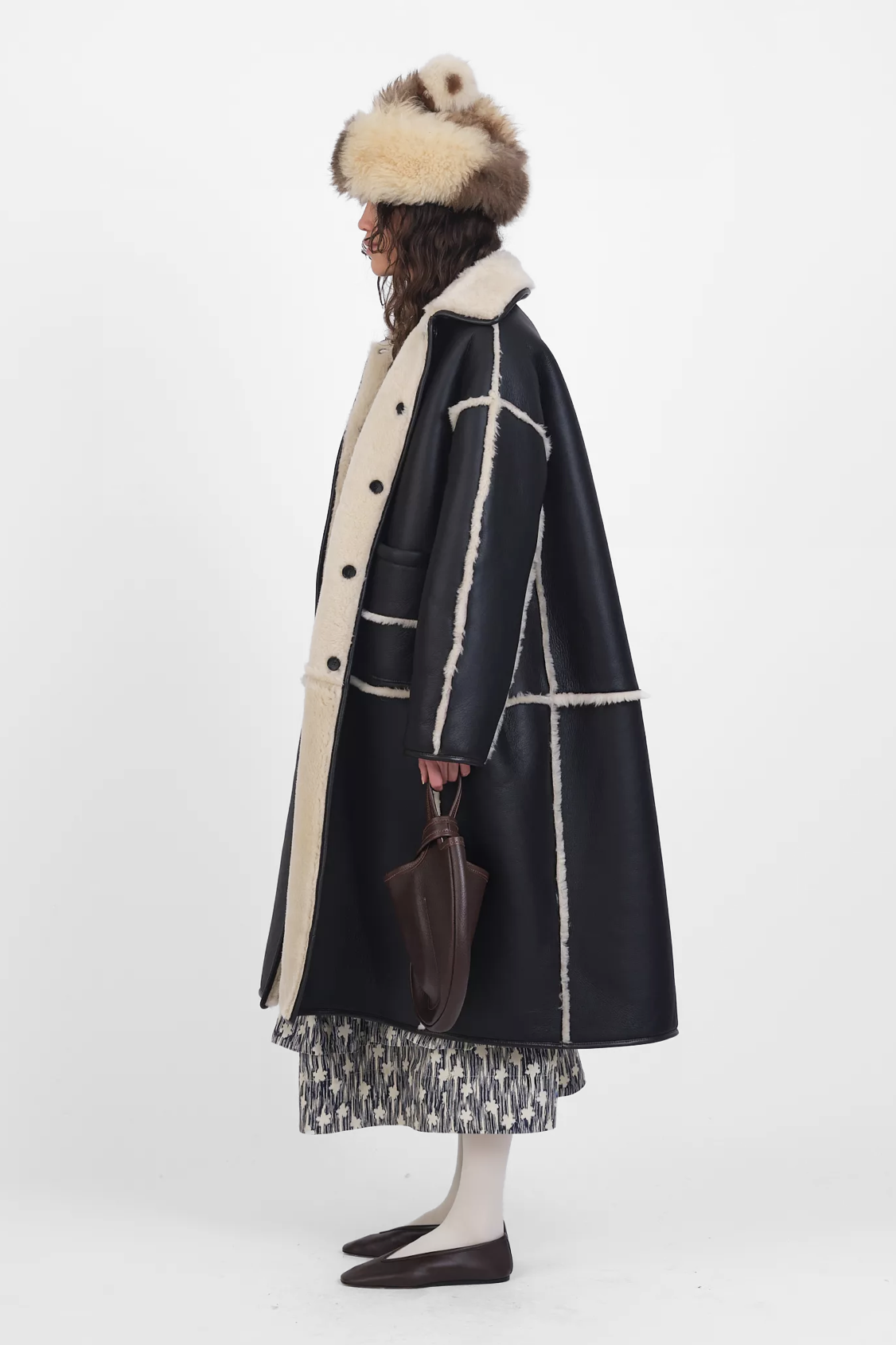 Leather Back Straight Hair Seam Out Stripe Roo Coat in Chocolate & Seal by Cawley