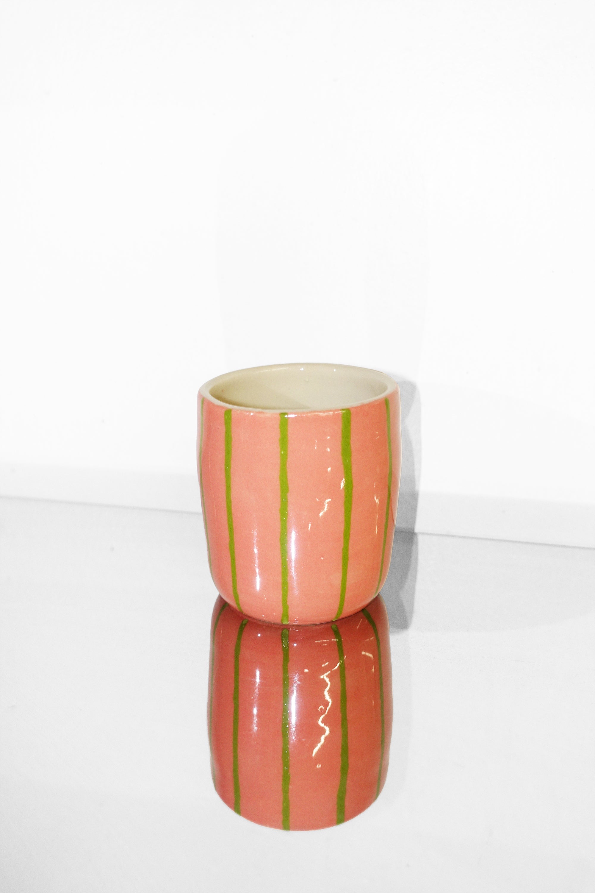 Small Ceramic Tumbler in Pink & Green Stripes by Nightshift Ceramics