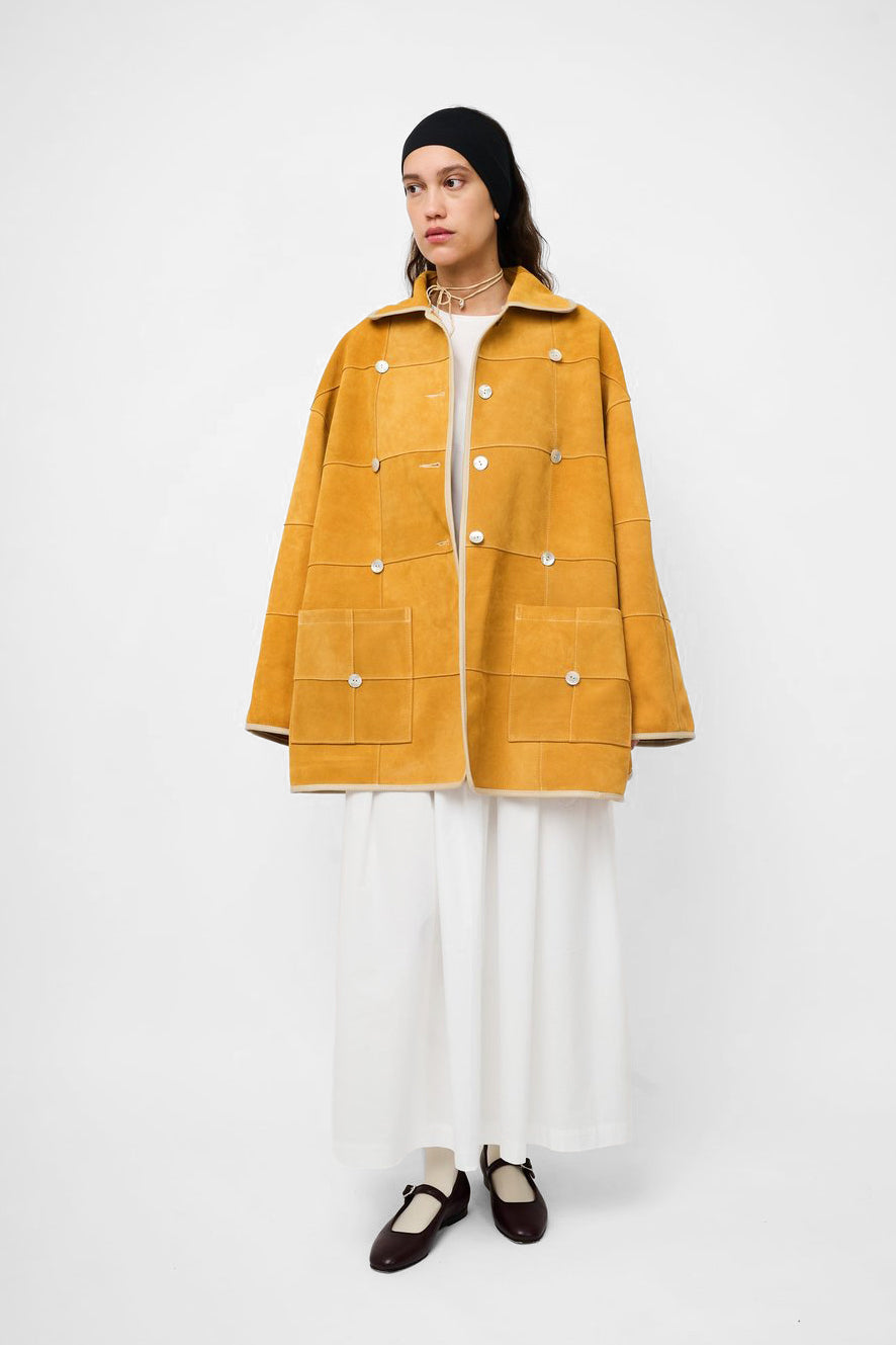 Pearl Long Avis Jacket in Mustard Suede by Cawley