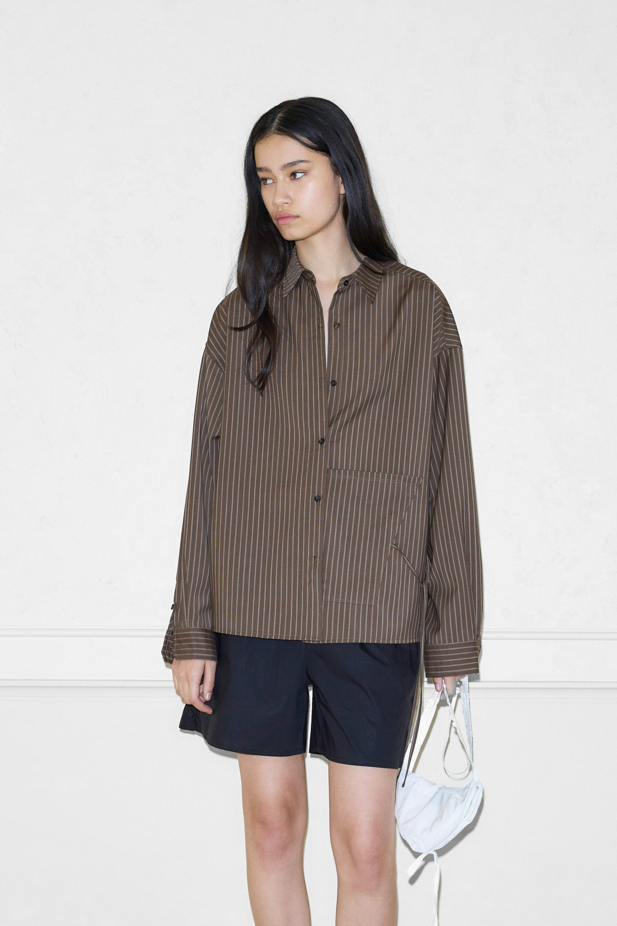 Pocket Wool Shirt in Sable Stripe by Deiji Studios