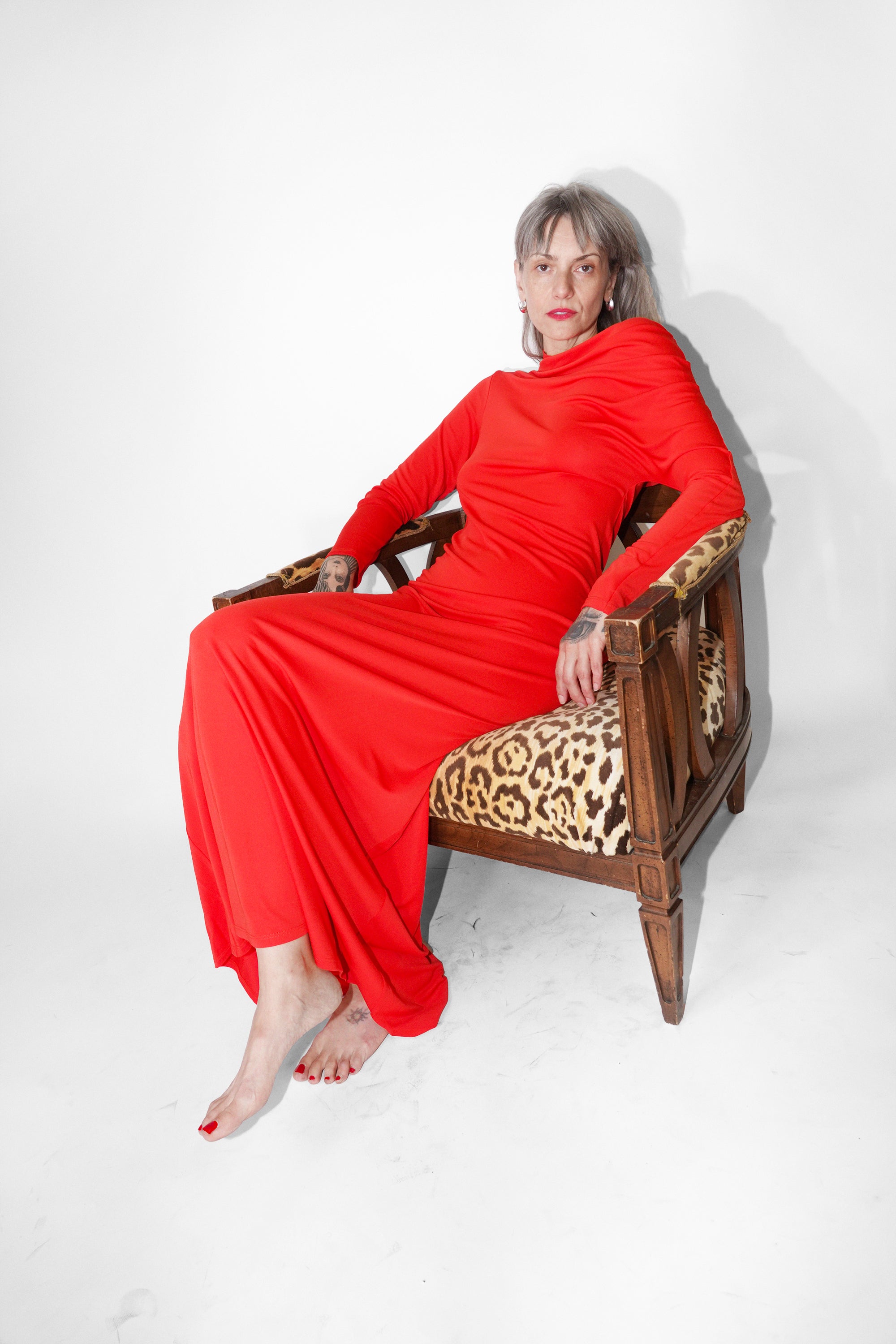 Rue Draped Gown in Scarlet Slinky Jersey by Kallmeyer