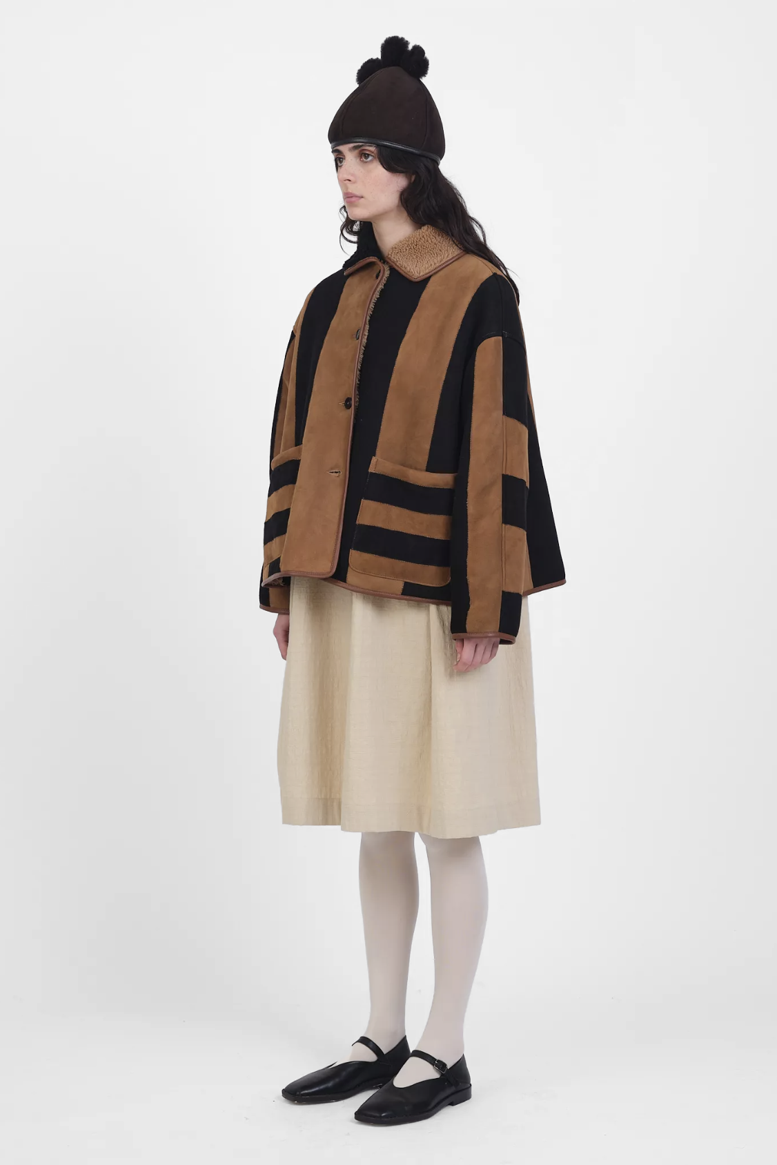 Suede Back Curly Hair Stripe Avis Jacket in Tan & Black by Cawley